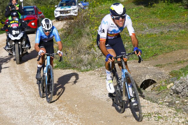 Oier Lazkano (Movistar Team), durante su cabalgada victoriosa en la Clásica Jaén Paraíso Interior 2024. Foto: Sprint Cycling Agency